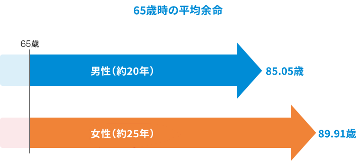 65歳時の平均余命グラフ：男性が約20年で85.50歳、女性が約25年で89.91歳となっています。